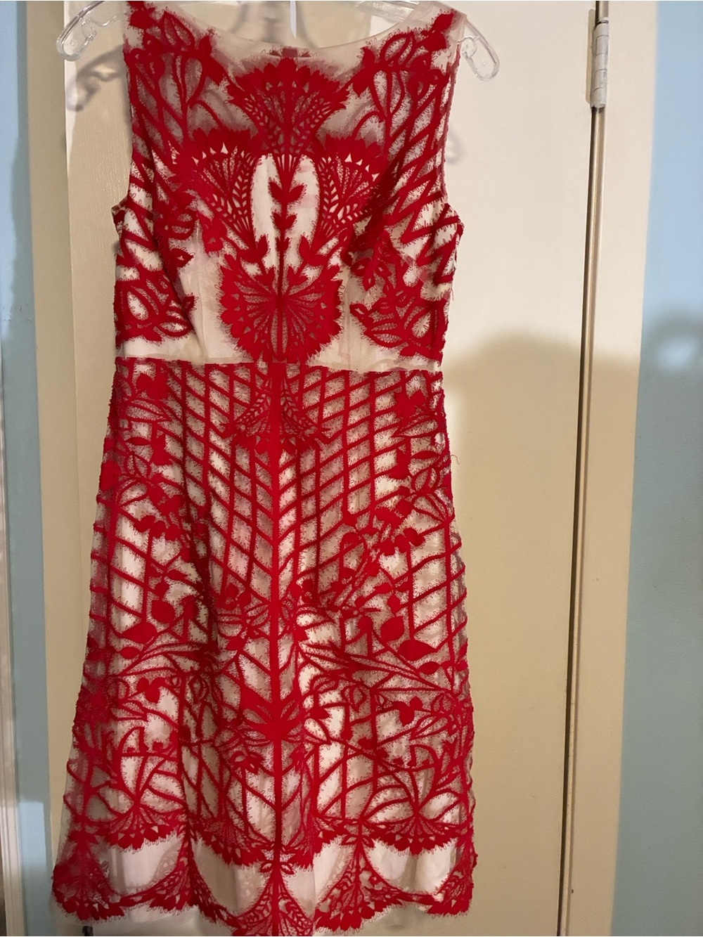 Red Embroidered Lace Fit-and-Flare Dress